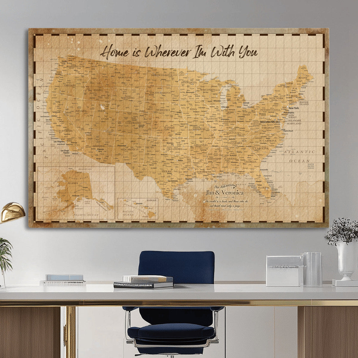 62164711-MGV-CV-36X24 - Personalized USA Push Pin Travel Map, Custom United States Map, Push Pin Map, USA Bucket List Map, Anniversary Gift - Couple Travel Map Wall Art