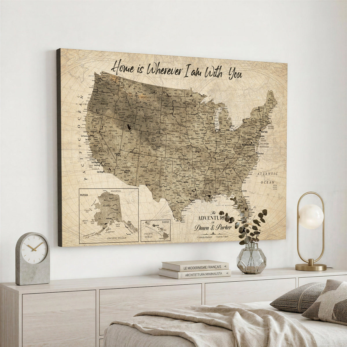 25440520-MGV-CV-36X24 - Detailed Personalized Push Pin United States Map Wall Art, States Visited Map, Office and Hallway Decor