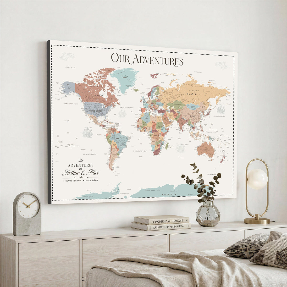 Personalized Framed Navy Push Pin World Map Canvas Print, Next Trip Planner Map, Living Room and Entryway Decor