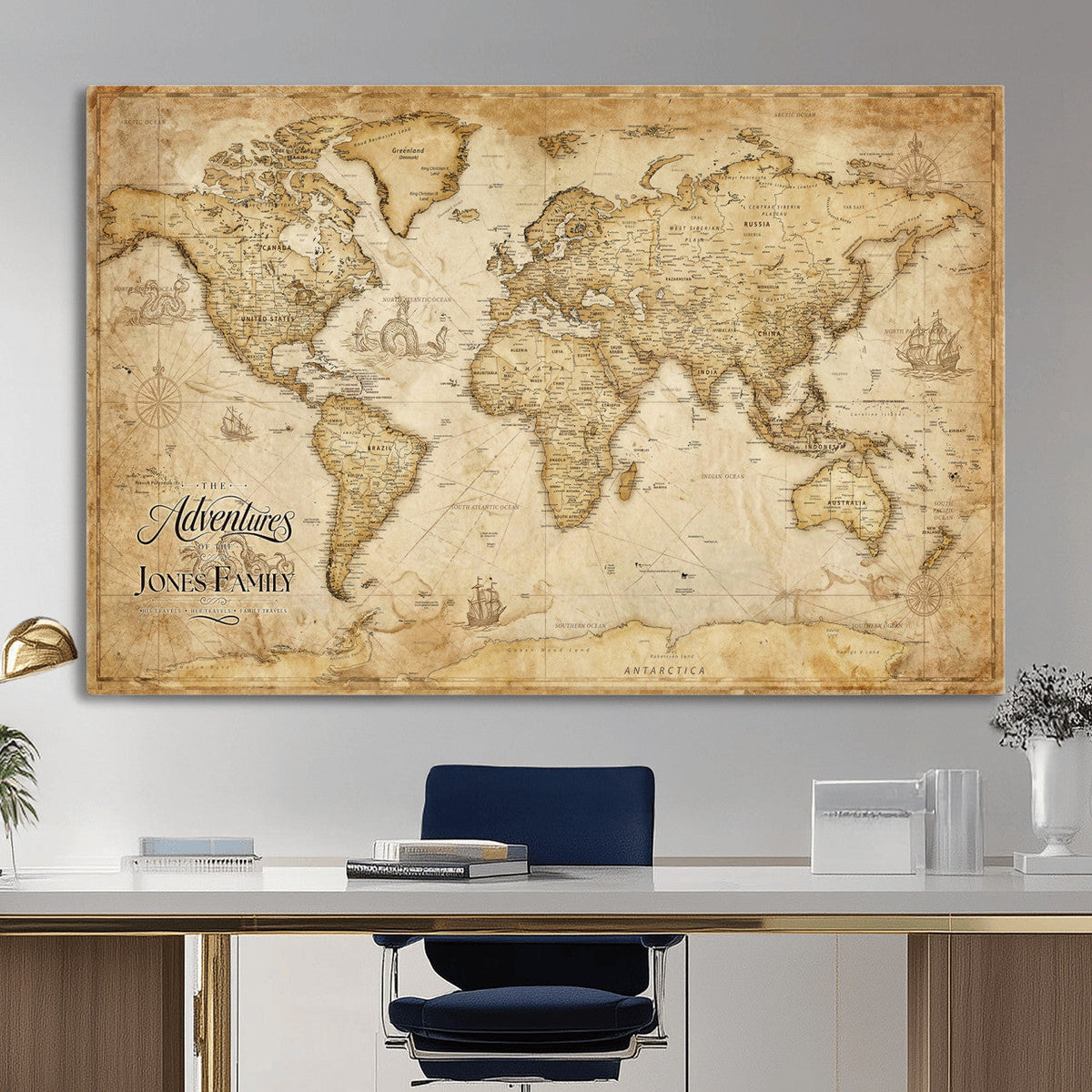 60956619-MGV-CV-36X24 - Custom Push Pin World Map Canvas Print | Personalized Travel Map Wall Art