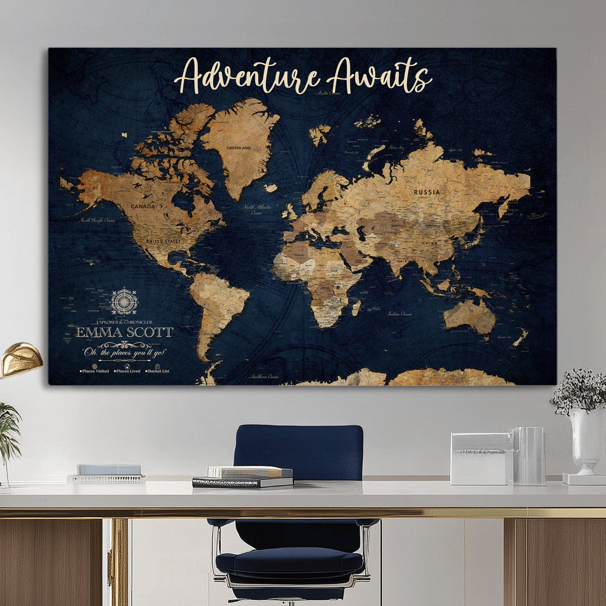 44399597-MGV-CV-36X24 - Custom Push Pin World Map Canvas Print | Personalized Travel Map Wall Art