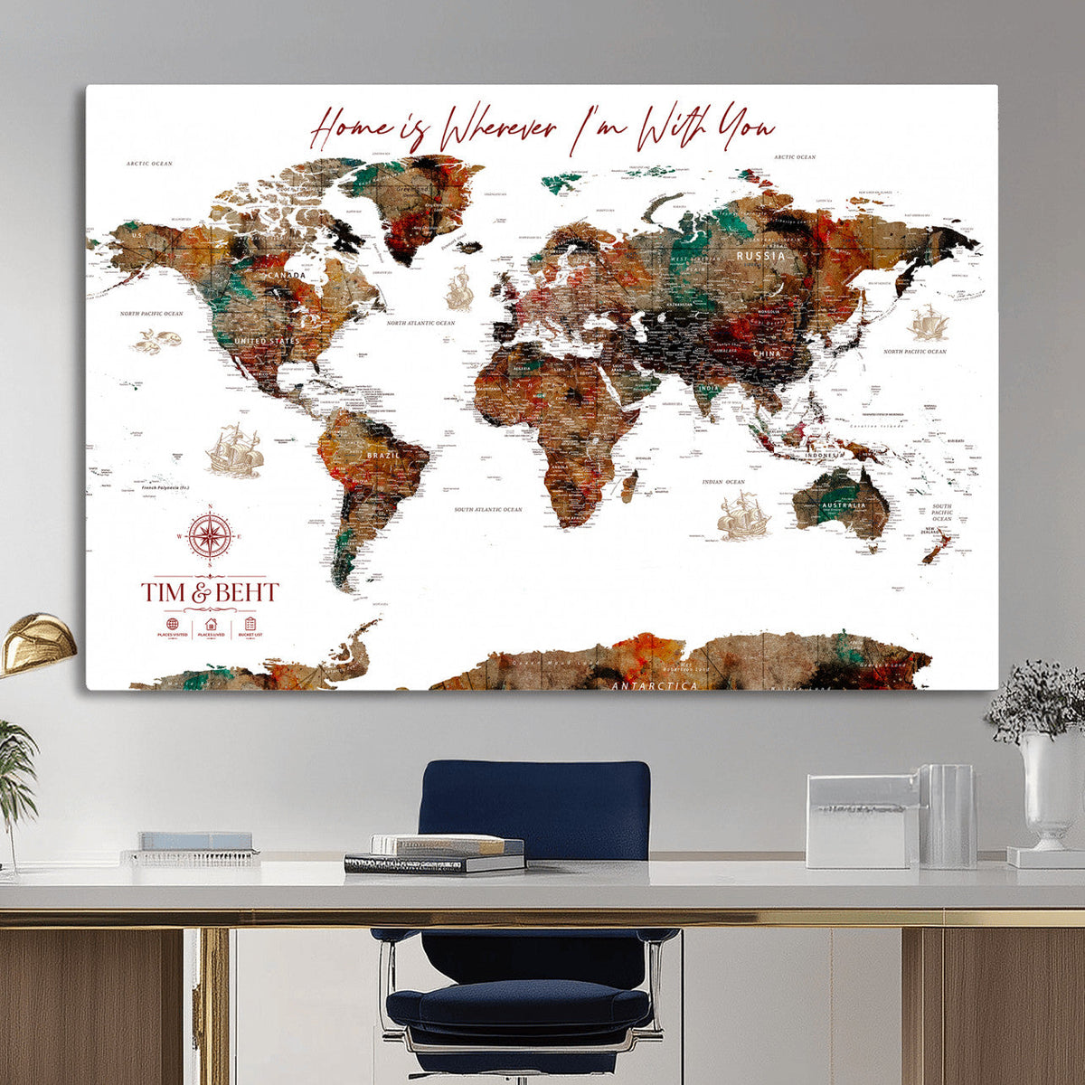 116MESUT-MGV-CV-36X24 - Custom Push Pin World Map Canvas Print | Personalized Travel Map Wall Art