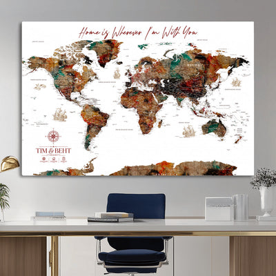 116MESUT-MGV-CV-36X24 - Custom Push Pin World Map Canvas Print | Personalized Travel Map Wall Art