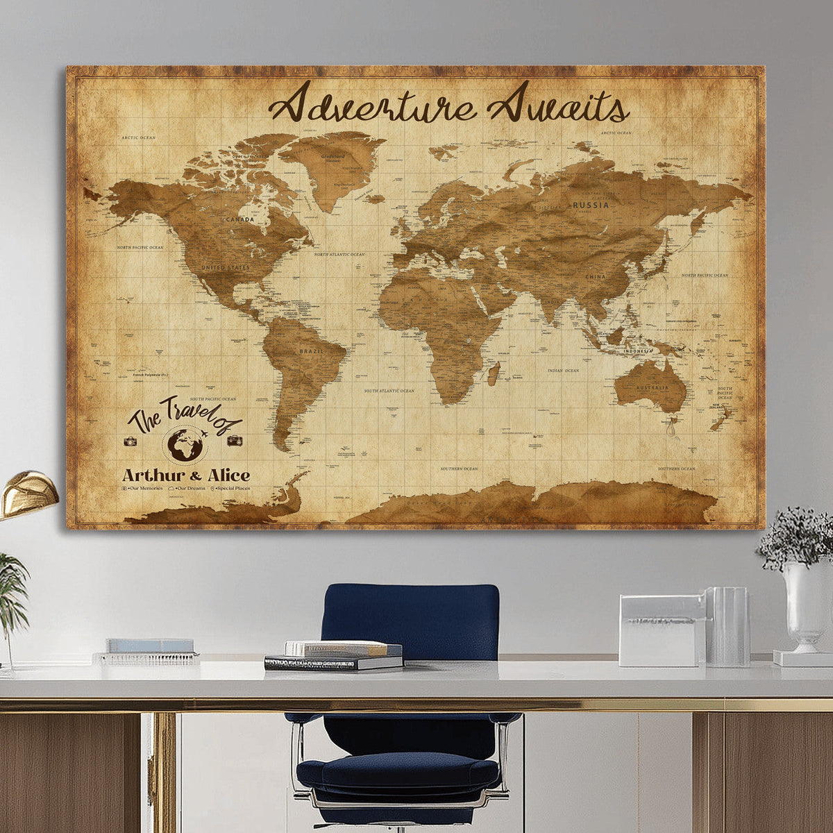 43427501-MGV-CV-36X24 - Custom Push Pin World Map Canvas Print | Personalized Travel Map Wall Art