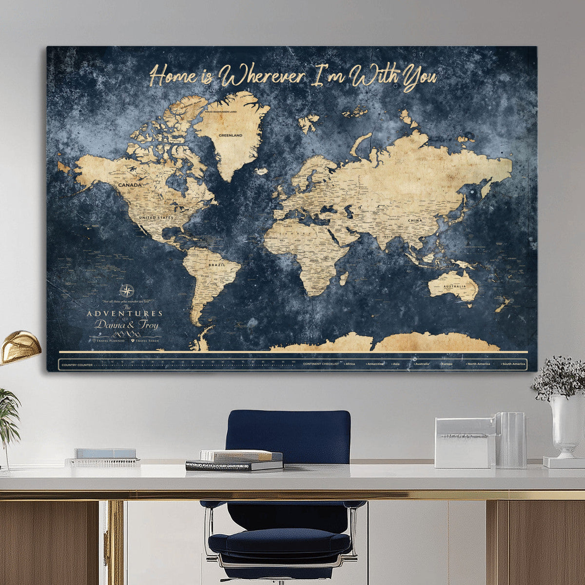 400867BL-MGV-CV-36X24 - Framed Blue Custom Push Pin World Map Canvas Print | Personalized Travel Map Wall Art