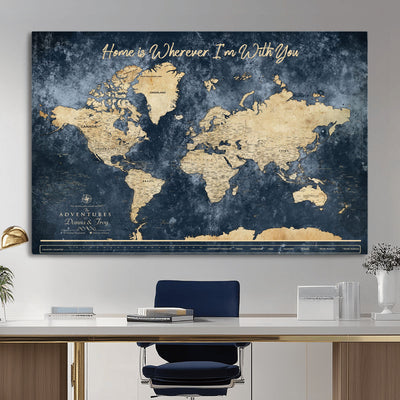 400867BL-MGV-CV-36X24 - Framed Blue Custom Push Pin World Map Canvas Print | Personalized Travel Map Wall Art