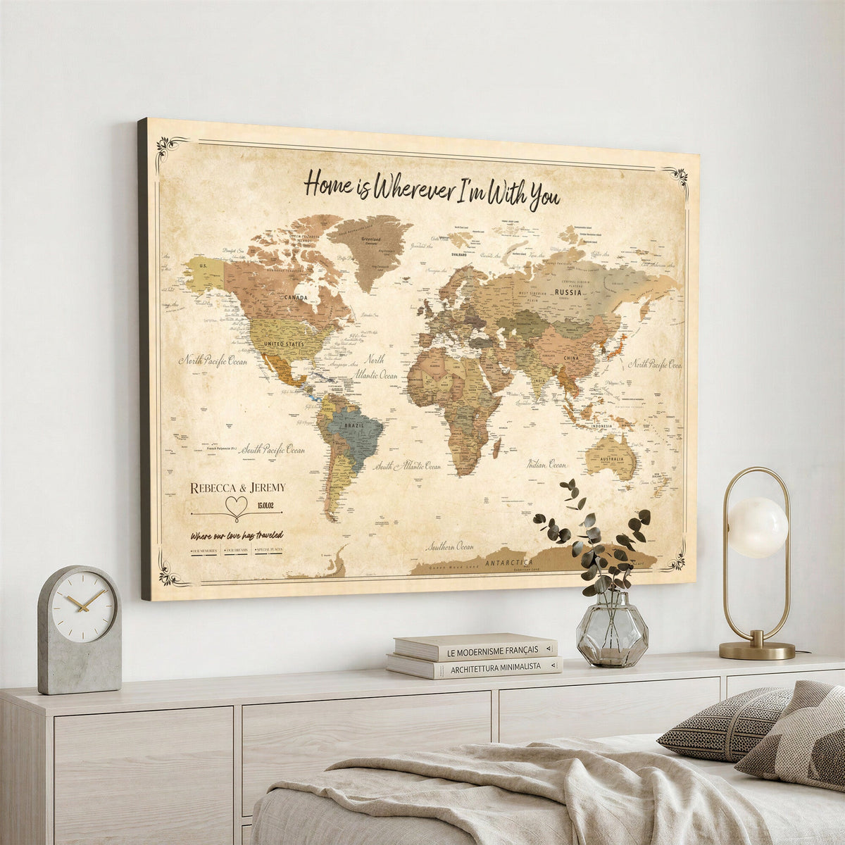 40086165-MGV-TP-30X20 - Framed Vintage Custom Push Pin World Map Canvas Print | Personalized Travel Map Wall Art