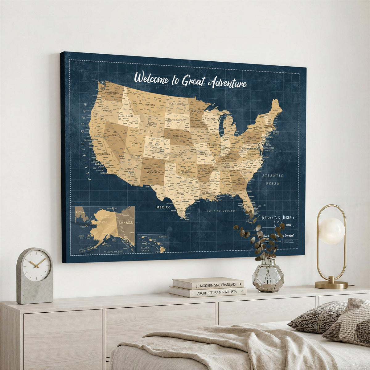 58851035-MGV-CV-36X24 - Custom Cream Push Pin USA Map Canvas Print, 50 State Bucket List Map, Family Room and Hallway Decor