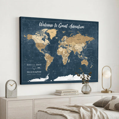 57167164-MGV-CV-36X24 - Custom Push Pin Travel Map Canvas Print, Cream Personalized Travel Tracker Map, Anniversary Gift, Vintage World Map Wall Art