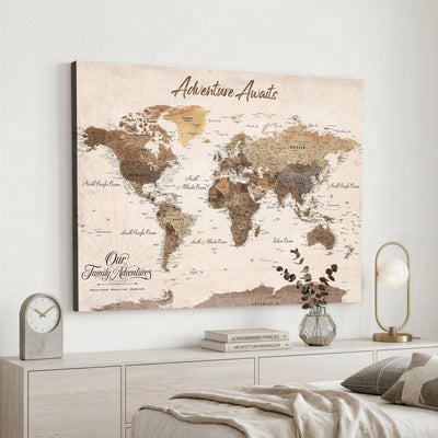 84865191-MGV-CV-36X24 - Our Family Adventures Push Pin World Map Wall Art Canvas Print - Family Travel Tracker Map with Pins
