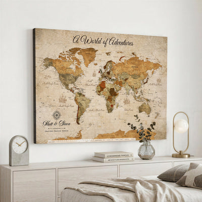 88768647-MGV-CV-36X24 - Extra Large Framed Personalize Push Pin World Map Wall Art Canvas Print for Travel Tracking