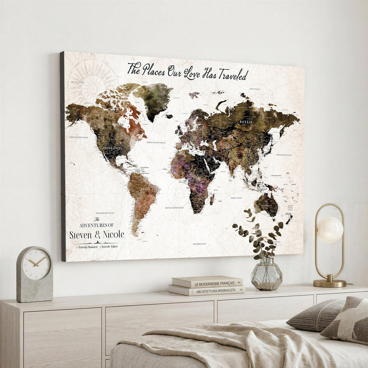 18074626D3D-MGV-CV-36X24 - Extra Large Framed Personalized Push Pin World Map Wall Art Canvas Print for Travel Tracking