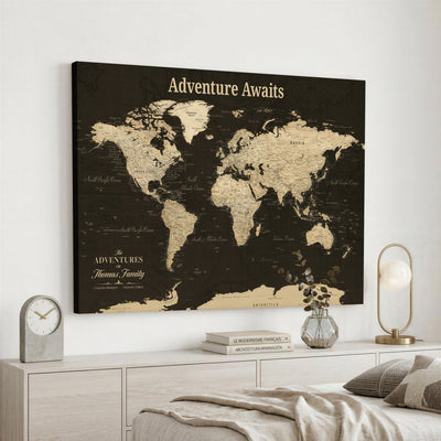 Custom Beige Modern World Travel Map Wall Art with Pins, Family Travel Tracker, Dining Room and Entryway Decor