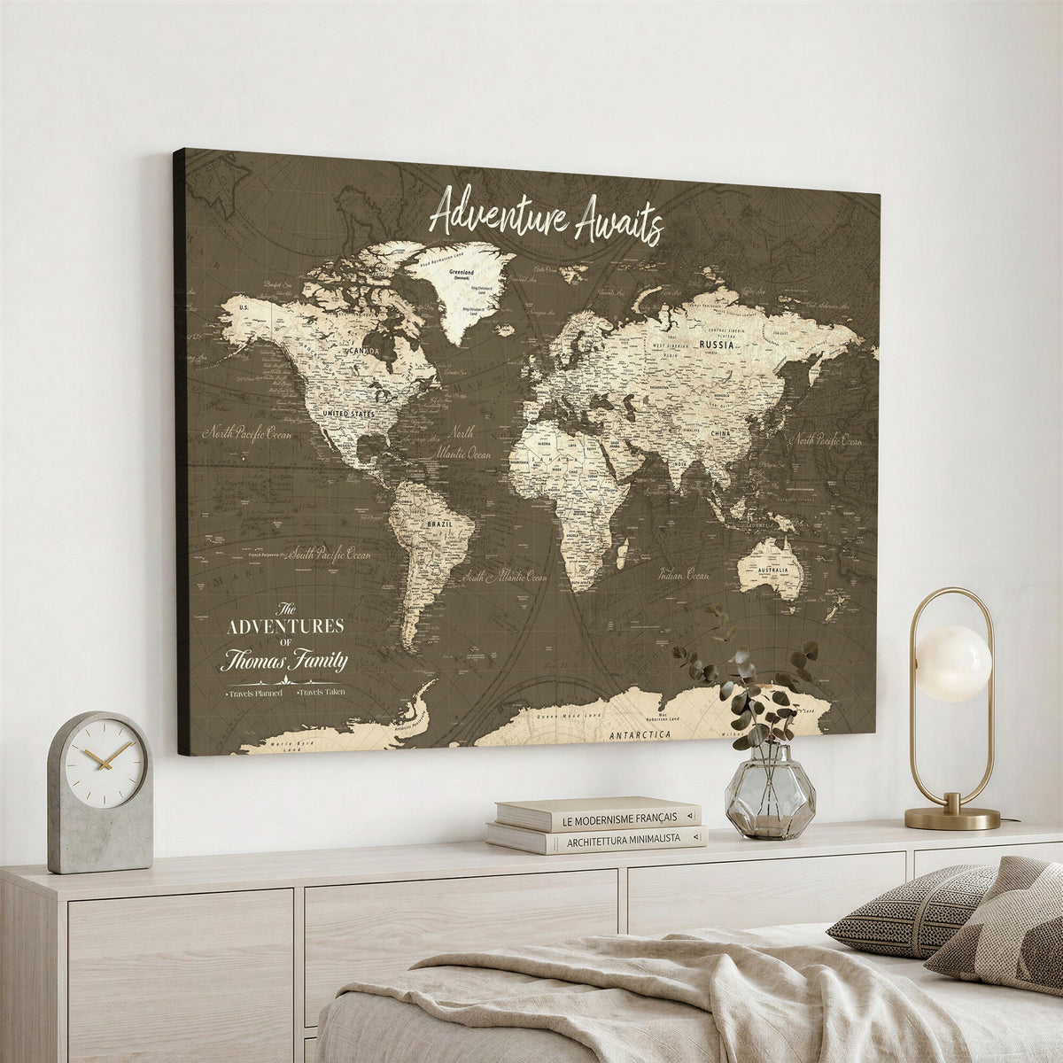 Personalized White Modern World Travel Map Wall Art with Pins, Honeymoon and Anniversary Gift, Living Room and Dining Room Decor