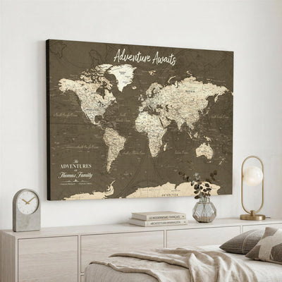 Personalized White Modern World Travel Map Wall Art with Pins, Honeymoon and Anniversary Gift, Living Room and Dining Room Decor