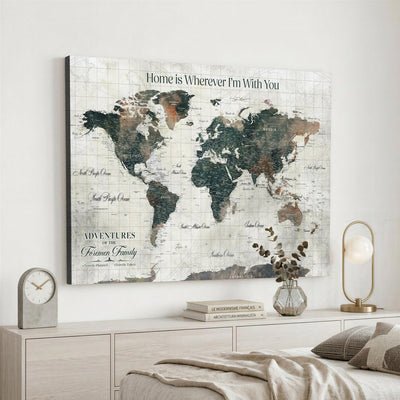 Personalized Framed Beige Push Pin Travel Map Canvas Print, Family Travel Tracker, Home Office and Hallway Decor