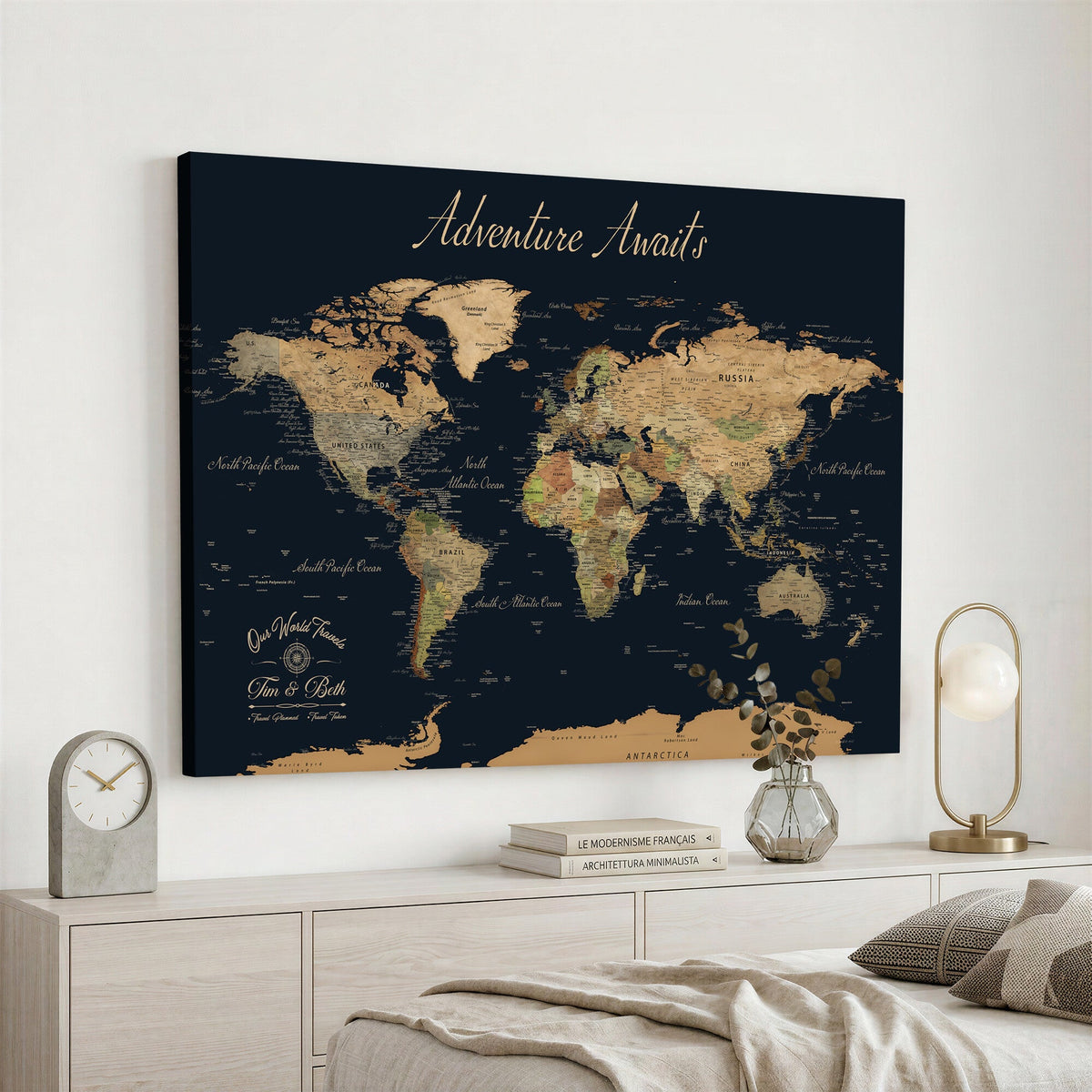 Custom Beige Push Pin World Map Wall Art, Family Travel Tracker, Home Office and Study Decor