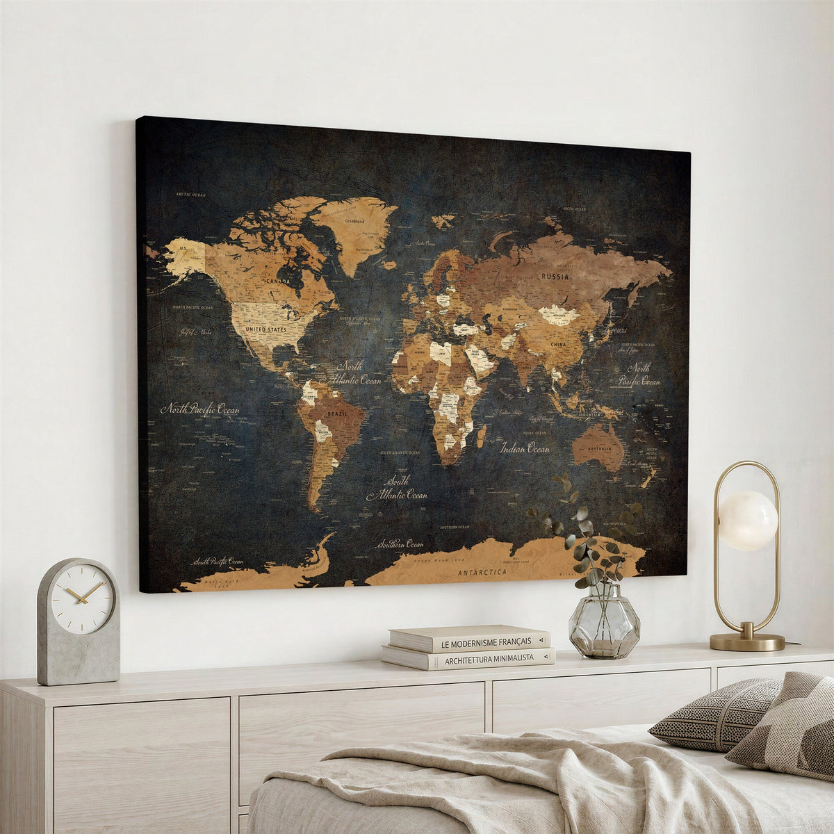 40660012D-MGV-CV-36X24 - Custom Push Pin World Map Wall Art Canvas Print – Personalized Travel Tracker with Pins Framed Large for Home and Office Decor