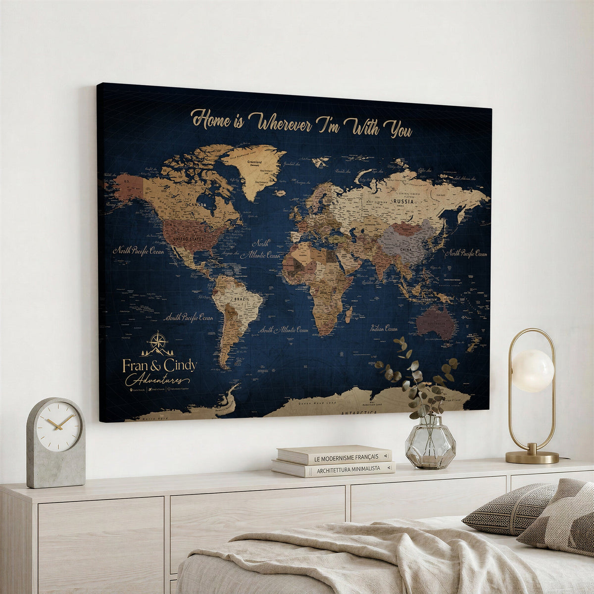 57774467D-MGV-CV-36X24 - Custom Push Pin World Map Wall Art Canvas Print – Personalized Travel Tracker with Pins Framed Large for Home and Office Decor