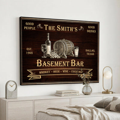 Custom Basement Bar Sign Canvas, Personalized Family Home Bar Wall Art