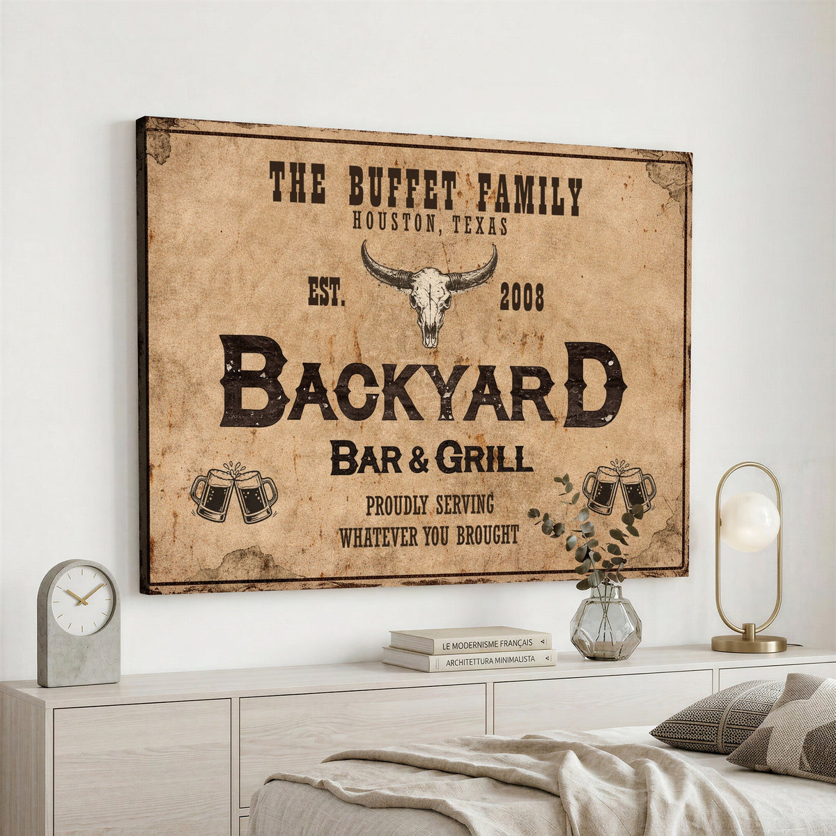 Custom Backyard Bar & Grill Sign Canvas, Personalized Family Name Sign