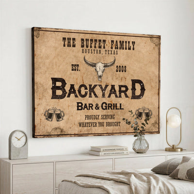 Custom Backyard Bar & Grill Sign Canvas, Personalized Family Name Sign
