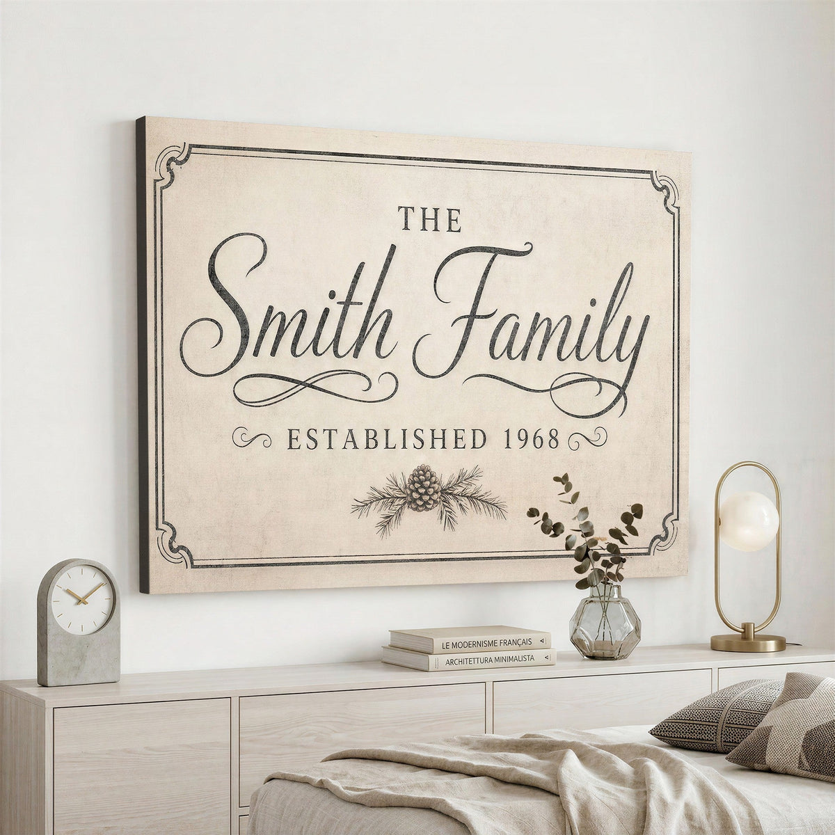 Pine cone family established sign canvas on the wall