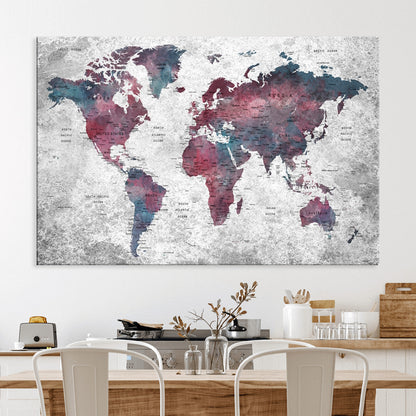 Push Pin World Map Canvas Print – Framed Wall Art for Couples to Track Their Travels – Anniversary Gift or Home Adventure Decor