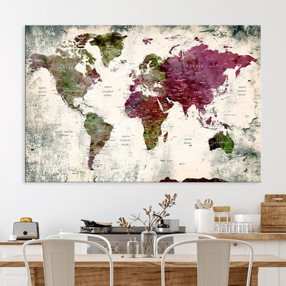 Push Pin World Map Canvas Print – Framed Wall Art for Couples to Track Their Travels – Anniversary Gift or Home Adventure Decor