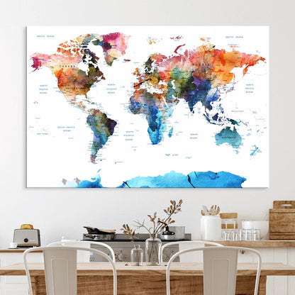 Push Pin World Map Canvas Print – Framed Wall Art for Couples to Track Their Travels – Anniversary Gift or Home Adventure Decor