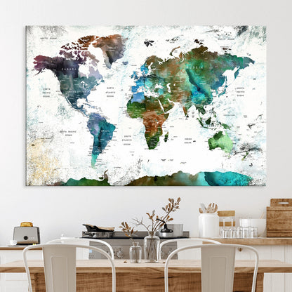 Push Pin World Map Canvas Print – Framed Wall Art for Couples to Track Their Travels – Anniversary Gift or Home Adventure Decor