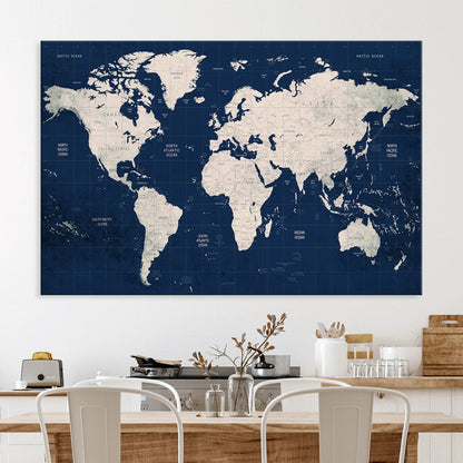 Push Pin World Map Canvas Print – Framed Wall Art for Couples to Track Their Travels – Anniversary Gift or Home Adventure Decor