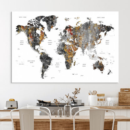 Push Pin World Map Canvas Print – Framed Wall Art for Couples to Track Their Travels – Anniversary Gift or Home Adventure Decor