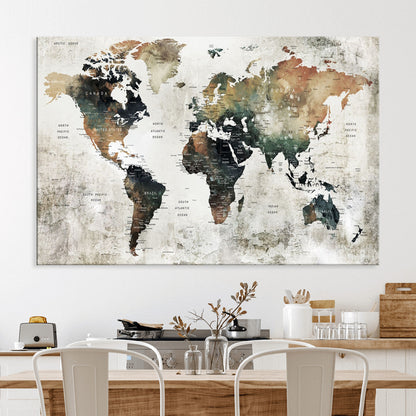 Push Pin World Map Canvas Print – Framed Wall Art for Couples to Track Their Travels – Anniversary Gift or Home Adventure Decor