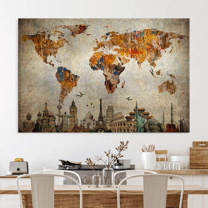 Push Pin World Map Canvas Print – Framed Wall Art for Couples to Track Their Travels – Anniversary Gift or Home Adventure Decor