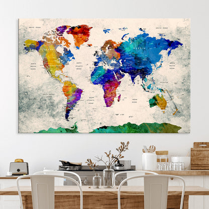 Push Pin World Map Canvas Print – Framed Wall Art for Couples to Track Their Travels – Anniversary Gift or Home Adventure Decor