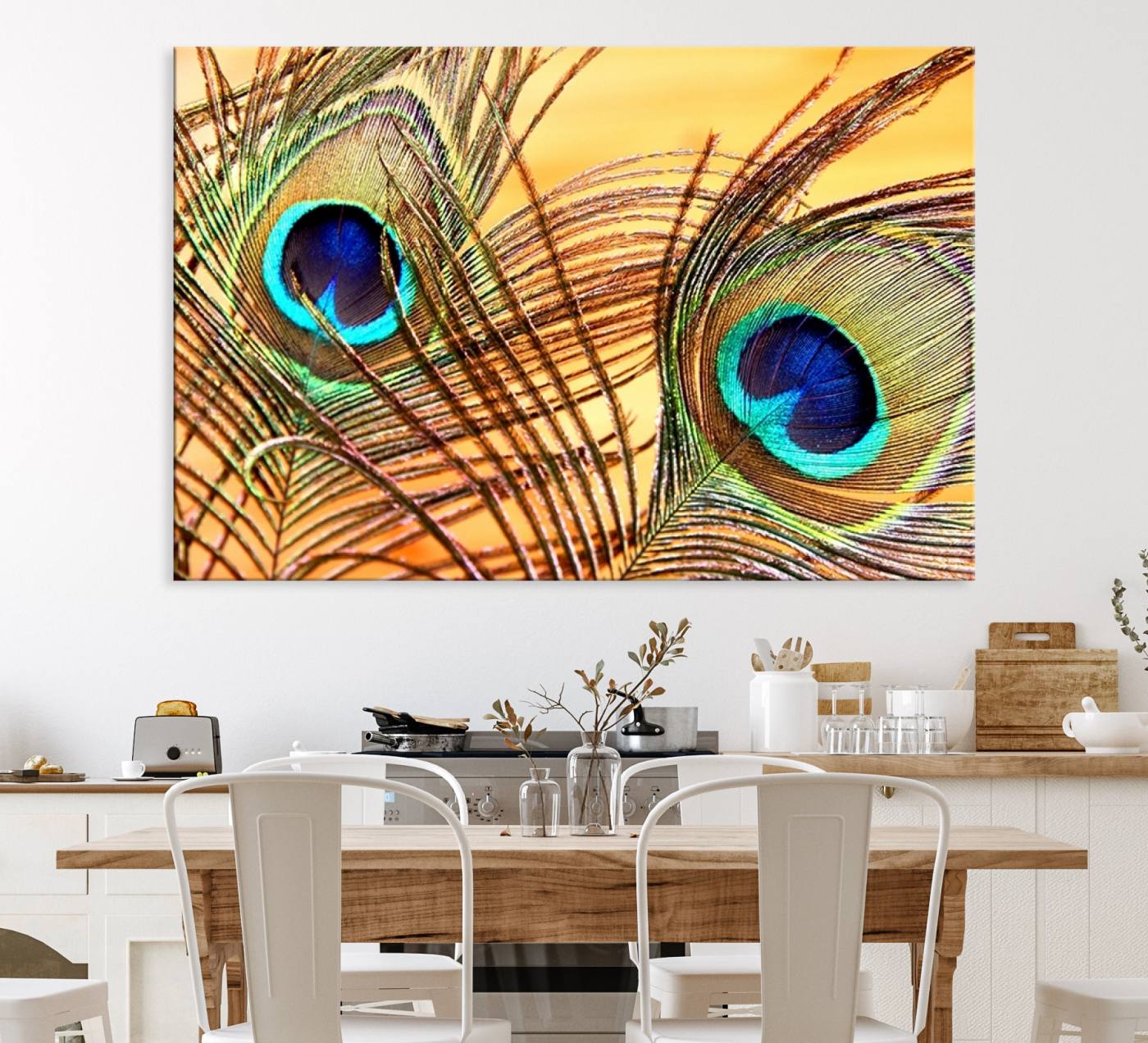 Peacock Feather Wall Art Print - Vibrant Green, Blue, and Orange Peacock Feather Design, Ready to Hang