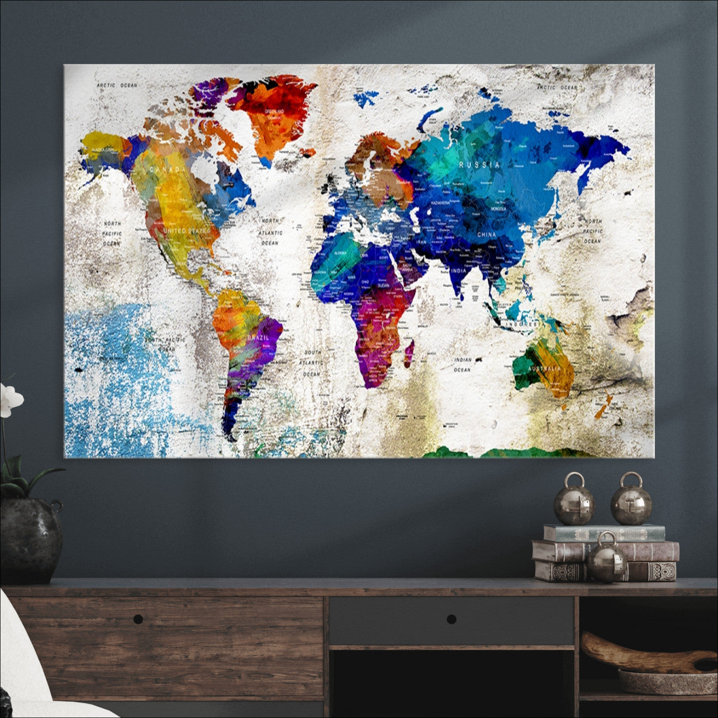 Push Pin World Map Canvas Print – Framed Wall Art for Couples to Track Their Travels – Anniversary Gift or Home Adventure Decor