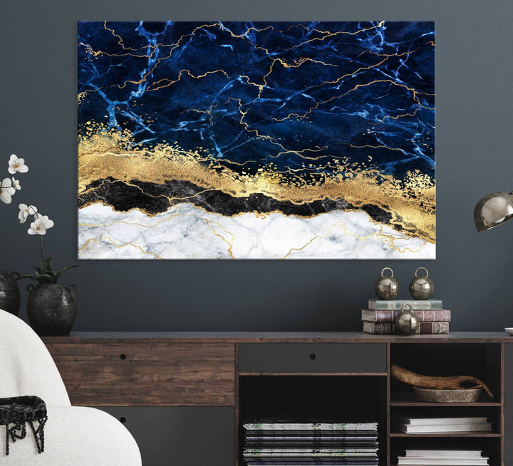 Navy Blue Marble Fluid Effect Wall Art Abstract Canvas Wall Art Print
