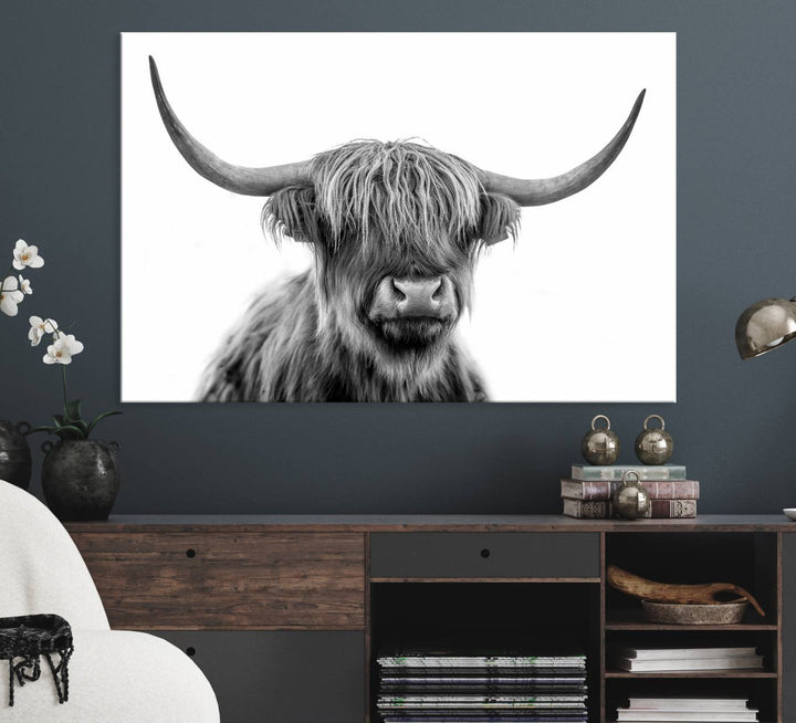 Scottish Highland Cow Cattle Art Print Wall Art Canvas Print for Farmhouse Decor, Framed Scottish Highland Cow Canvas
