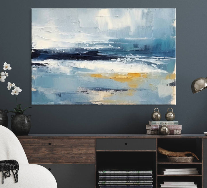 Abstract Ocean Canvas Wall Art - Coastal Blue and Gold Textured Painting, Modern Seascape Decor for Living Room Decor