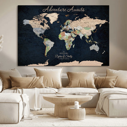 43186793-MGV-CV-30X20-Personalized World Map Print, Customizable Push Pin Framed World Map Print on Canvas - Custom Quote on Map Print