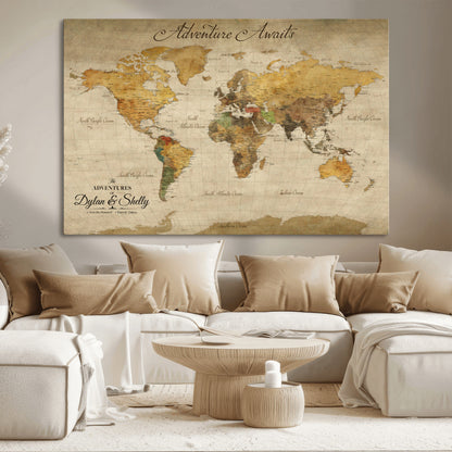 50298017-MGV-CV-36X24-Personalized World Map Print, Customizable Push Pin Framed World Map Print on Canvas - Custom Quote on Map Print
