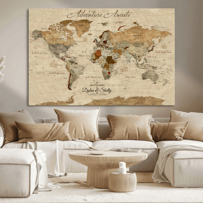 29054239-MGV-CV-36X24-Personalized World Map Print - Customizable Push Pin Framed World Map Print on Canvas - Custom Quote on Map Print
