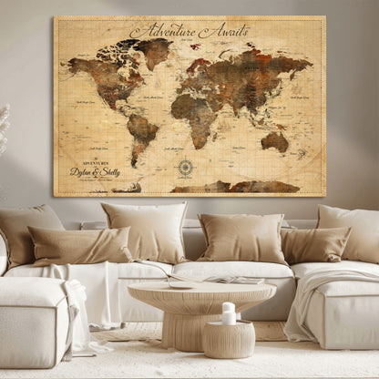57497711-MGV-CV-36X24-Personalized World Map Canvas Print - Customizable Push Pin Framed World Map Print on Canvas - Custom Quote on Map Print