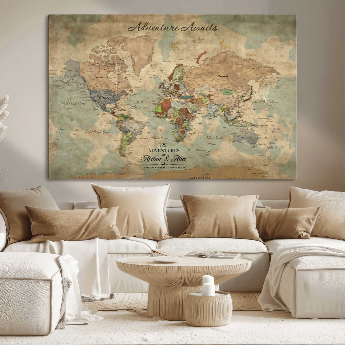 60798273-MGV-CV-30X20-Custom Push Pin World Map Wall Canvas Print – Personalized Travel Tracker with Pins – Framed Custom Quotie Canvas for Home Office Decor
