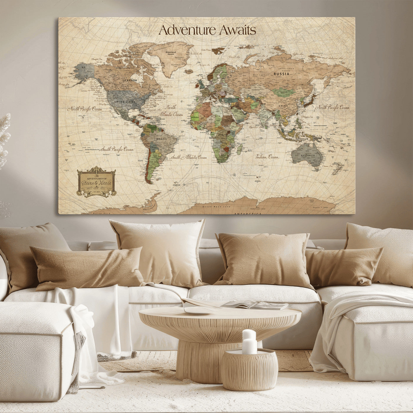 33020399-MGV-CV-30X20-Custom Push Pin World Map Wall Canvas Print – Personalized Travel Tracker with Pins – Framed Custom Quotie Canvas for Home Office Decor