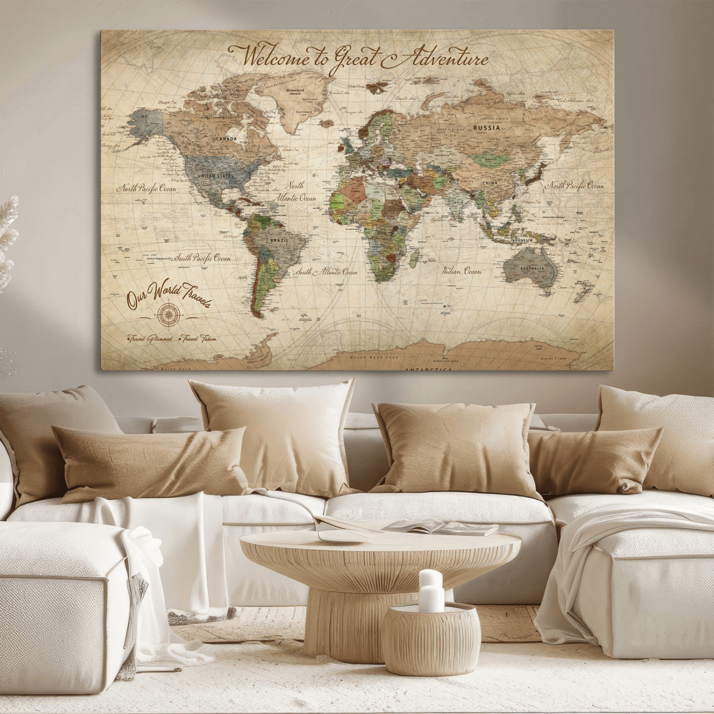 76478536-MGV-CV-30X20-Custom Push Pin World Map Wall Canvas Print – Personalized Travel Tracker with Pins – Framed Custom Quotie Canvas for Home Office Decor
