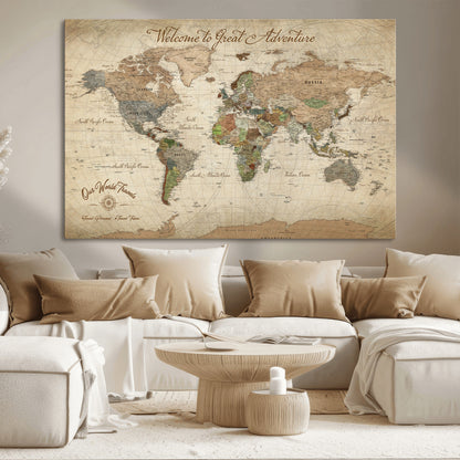 76478536-MGV-CV-30X20-Custom Push Pin World Map Wall Canvas Print – Personalized Travel Tracker with Pins – Framed Custom Quotie Canvas for Home Office Decor