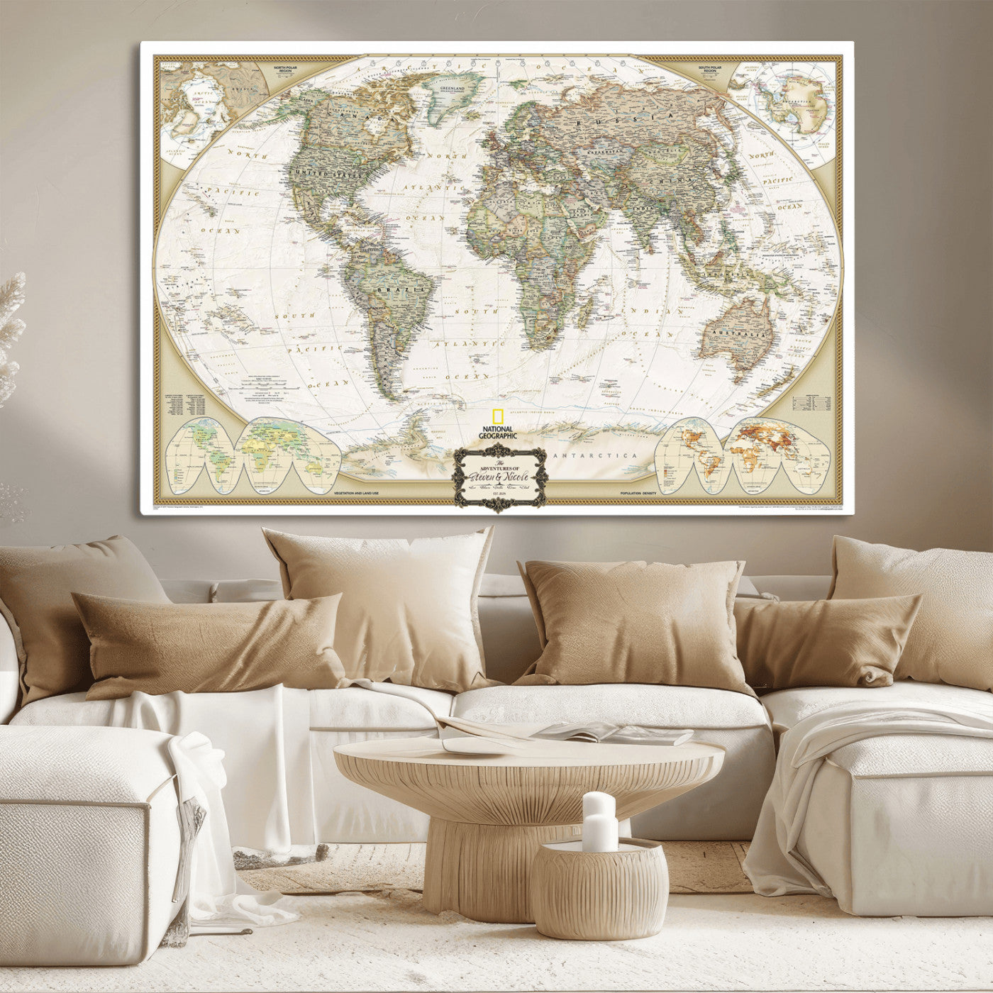 Custom Push Pin World Map Wall Art Canvas Print – Personalized National Geopraphic Map for Travel Plan – Framed Customize Animal Map for Stady Room Decor